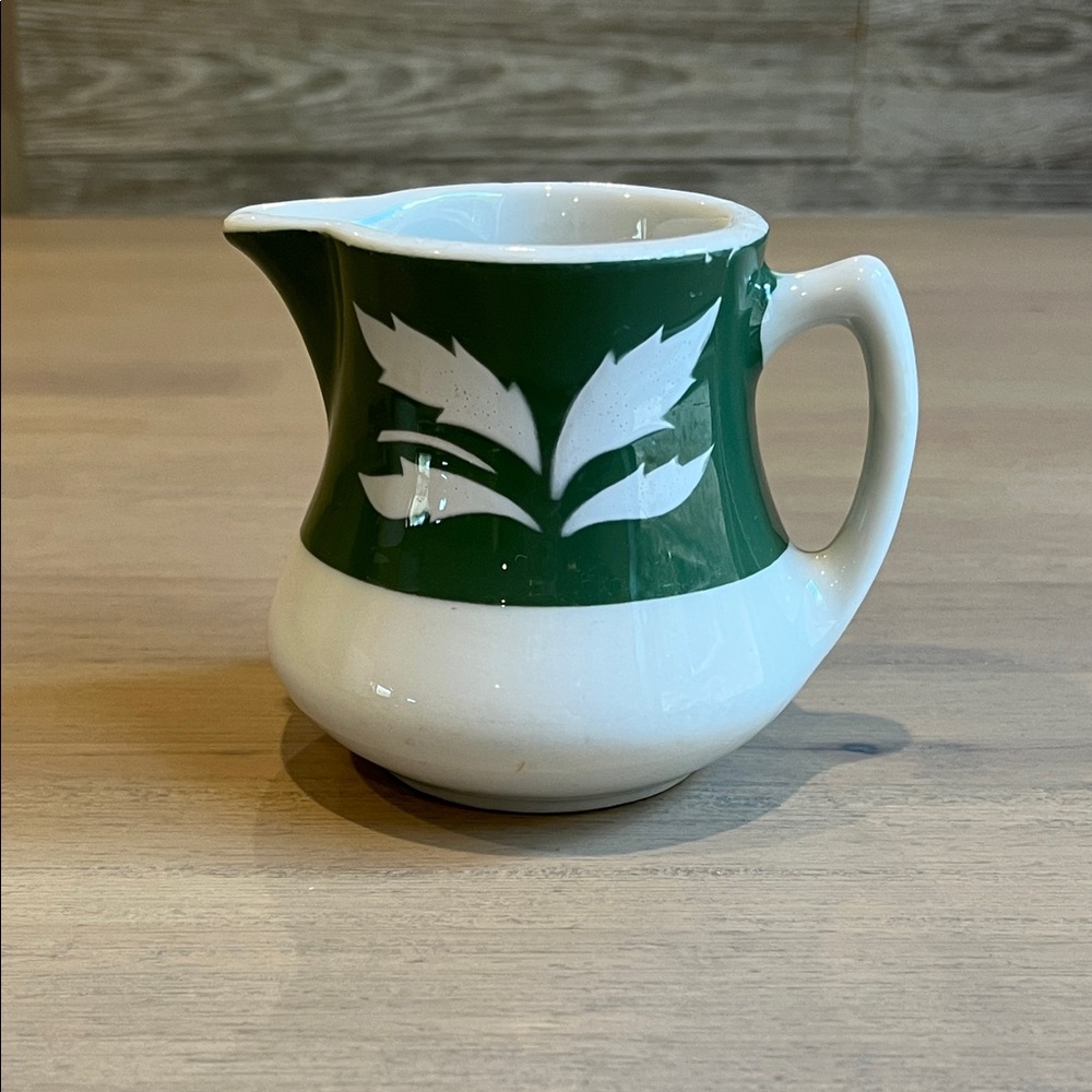 Vintage Jackson China Falls Creek PA Green White Leaf Creamer Pitcher Farmhouse